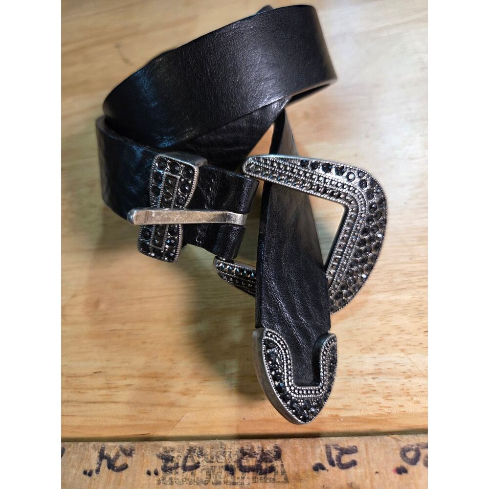 Landes Italian Black leather rhinestone belt silver buckle 39" Made In Canada
